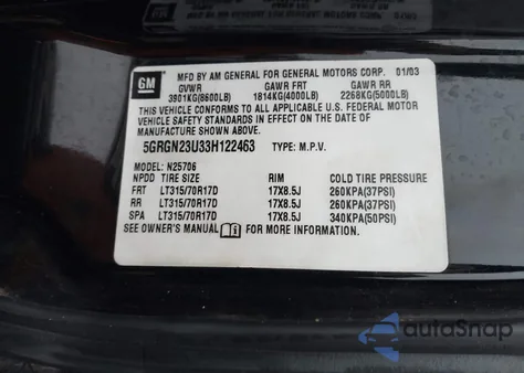 2003 Hummer H2 from USA, damaged, VIN 5GRGN23U33H122463